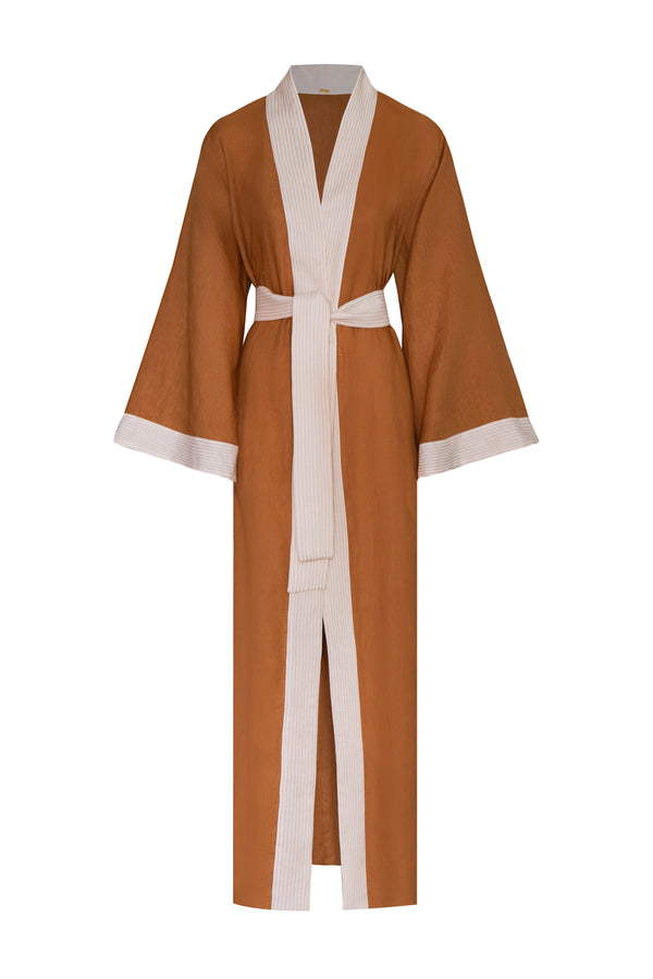 Rafaela Linen Kaftan / Brown & Ivory